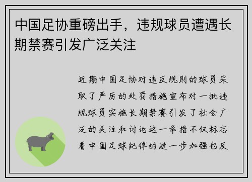 中国足协重磅出手,违规球员遭遇长期禁赛引发广泛关注 中国足协重磅出手,违规球员遭遇长期禁赛引发广泛关注